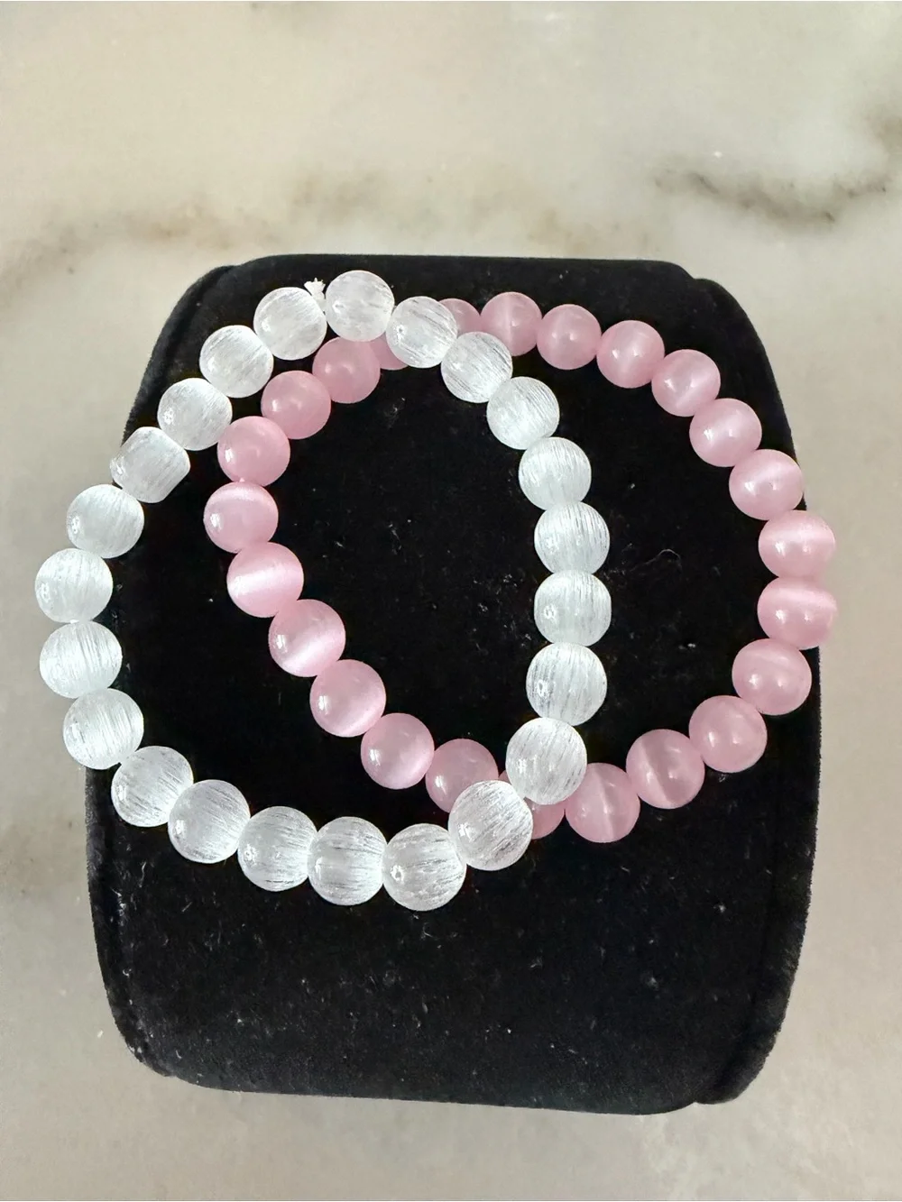 Pink and White Beaded Stretch Bracelet Set - Women Jewelry